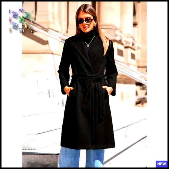 Wool Pea Coat Double Breasted Long Overcoat Trench Classic Elegant Winter - Picture 6 of 7